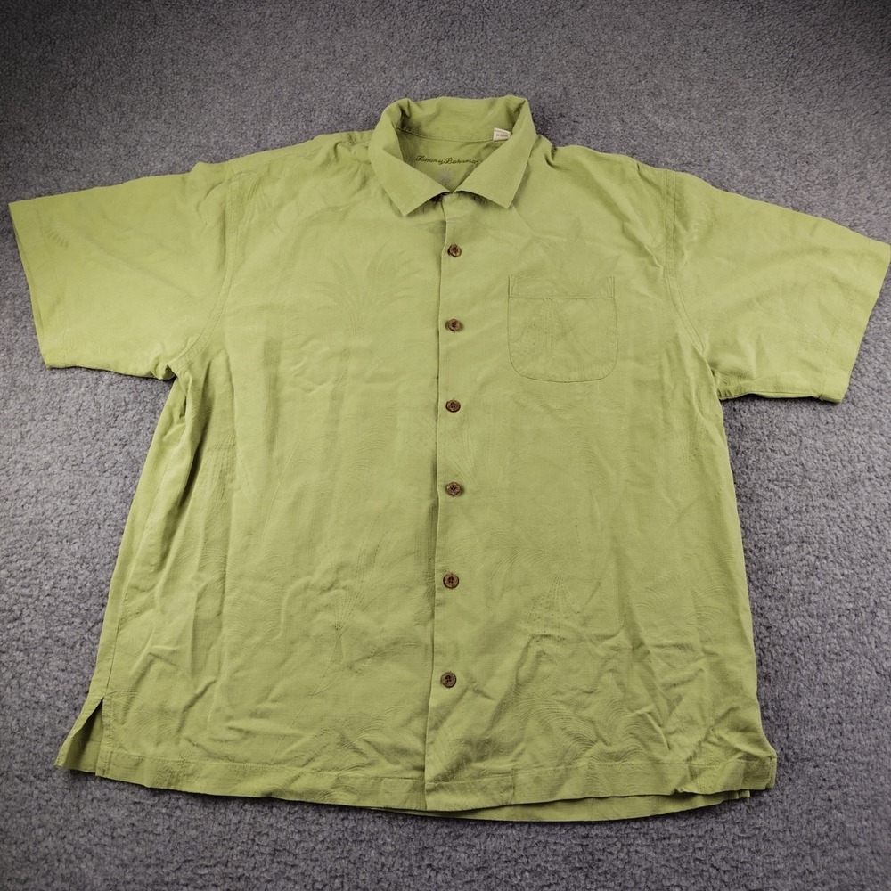 Tommy Bahama Silk Button Up Shirt Mens XL Green Palm Jacquard EUC